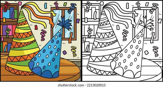 New Year Party Hat Coloring Page Illustration