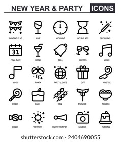new year party icon set.outline style.contains bunting flag,wine,midnight,countdown,hourglass,fireworks,new year,bell,music.suitable for party and new year theme vector.