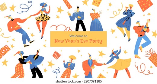 New Year party invitation banner with funny characters dancing and drinking sparkling wine, gifts and decorations. Flat style illustration