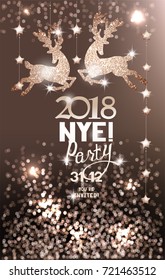 New year party invitation beige card with shiny reindeers and christmas decorations. Vector illustration