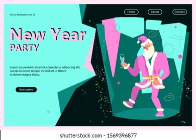 New Year Party invitation bright flyer. Funny Santa Claus dancing and holding cocktail. Flat Art Vector illustration