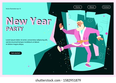 New Year Party invitation bright flyer. Funny Santa Claus dancing and holding cocktail. Flat Art Vector illustration