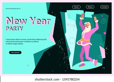 New Year Party invitation bright flyer. Funny Santa Claus dancing and holding cocktail. Flat Art Vector illustration