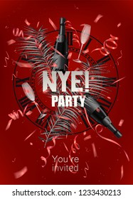  new year party invitation card with silver deco cristmas objects. Vector illustration