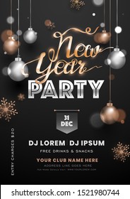 New Year Party invitation card design decorated with hanging baubles and snowflake on black background with event details.