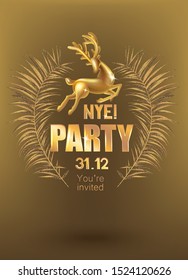 New year party invitation card with gold deco objects.Vector illustration