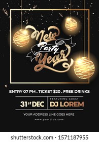 New Year Party invitation card design decorated with hanging baubles with lighting effect and venue details on black background.