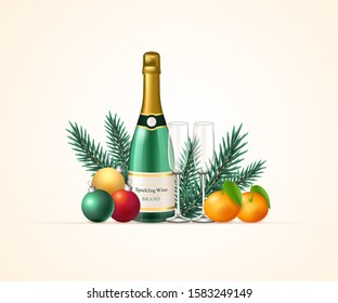 New Year Party invitation card with champagne bottle, glasses, tangerines, christmas baubles. Vector illustration