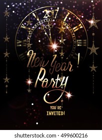 New Year Party invitation card with sparkling gold garlands and clock. Vector illustration