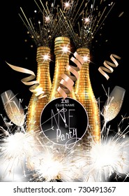 New year party invitation card with bottles of champagne, glasses and sparklers. Vector illustration