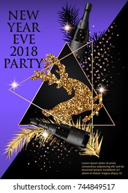 New year party invitation card with  christmas tree branches, deer, bottles of champagne and triangles. Gold, Purple and Black. Vector illustration