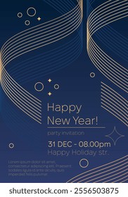 New Year Party Invitation Design in Elegant Style. Serpentine stylized in line art against navy blue background. Merry Christmas and Happy New Year greeting cards, social media post vector design.