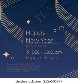 New Year Party Invitation Design in Elegant Style. Serpentine stylized in line art against navy blue background. Merry Christmas and Happy New Year greeting cards, social media post vector design.