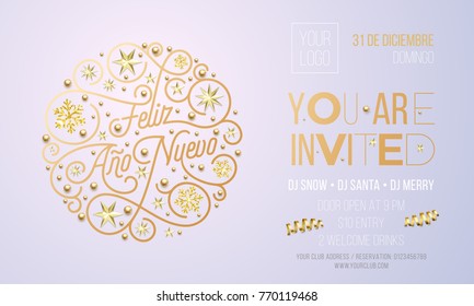 New Year party invitation for Spanish Feliz Ano Nuevo holiday event celebration desing template. Vector Xmas or New Year party invitation flyer of golden decoration and text on white background