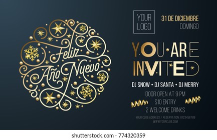 New Year party invitation for Spanish Feliz Ano Nuevo holiday event celebration desing template. Vector Xmas or New Year party invitation flyer of golden decoration and text on black background