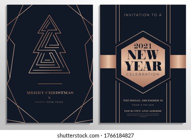 New year party invitation with stylized christmas tree. Elegant design template for Christmas with rose gold abstract lines and navy blue background. Luxury Xmas cards set. Vector illustration