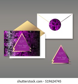 New Year party invitations set with envelope template. Cards have enough copy space. Vector format.