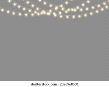 New year party lights decoration. Set of golden xmas glowing garland isolated on transparent background. Led neon lamp. Christmas lights for cards, banners, posters, web design. Vector illustration.