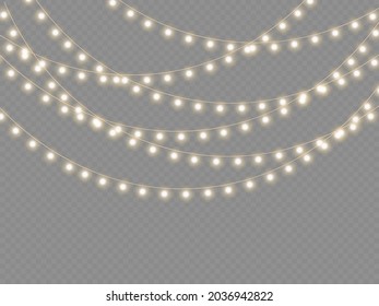 New year party lights decoration. Set of golden xmas glowing garland isolated on transparent background. Led neon lamp. Christmas lights for cards, banners, posters, web design. Vector illustration.