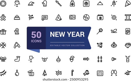 Symbolsatz für das neue Jahr und die Partyposition. Inklusive Icons wie feiern, feiern, tanzen, musik. Pixel perfekt, minimalistische Web-und UI-Symbol. Gliederungssymbolsammlungen.