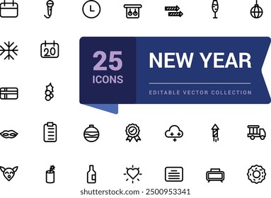 New year and party line icon set. Included icons as celebrate, celebration, dancing, music. Pixel perfect, minimalistic web and UI icon. Outline icon collections.