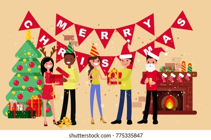New Year party. Merry people in New Year's costumes. Cartoon style