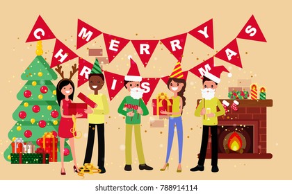 New Year party. Merry people in New Year's costumes. Cartoon style