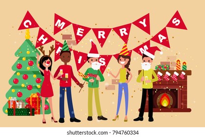 New Year party. Merry people in New Year's costumes. Cartoon style