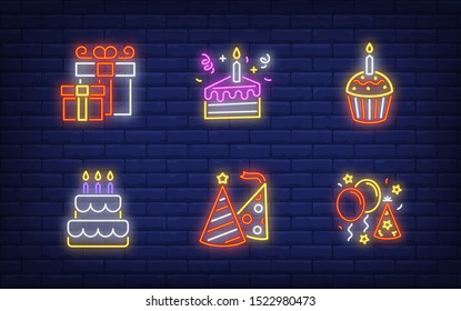 New Year party neon sign collection. Glowing neon giftbox, cake. Holiday, celebration, present. Vector illustration in neon style for greeting card, invitation, announcement