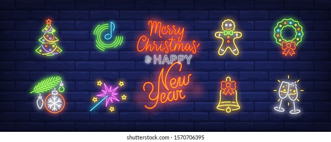 New Year party neon sign set. Tree, bauble, champagne flutes, wreath. Vector illustration in neon style, bright banner for topics like Christmas, December holidays, festive decoration