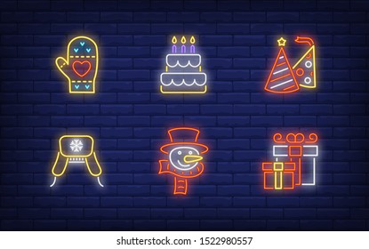 New Year party in neon style collection. Glowing neon snowman, hat. Holiday, celebration, present. Vector illustration in neon style for greeting card, invitation, announcement