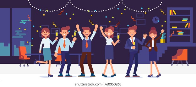 New year party in office. Business team celebrate. Cartoon style, flat vector illustration.