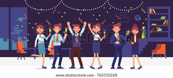 New year party in office. Business\
team celebrate. Cartoon style, flat vector\
illustration.