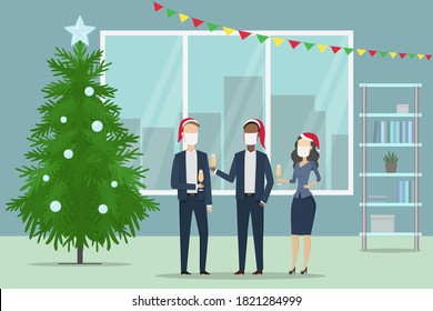New Year party in office. Employees in face masks. Vector illustration.