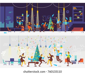 New year Party in office.Business people have a party. They dancing , having fun and drinking alcohol at a party. Cartoon style, flat vector illustration.