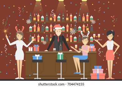 New year party. People in santa hat have fun at the bar.