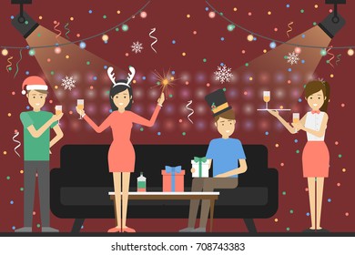 New year party. People in santa hat have fun at the club.