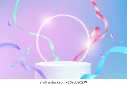 Pantalla de producto de podio de fiesta de Año Nuevo, parodias y cintas, anillo circular en el medio sobre fondo de color sólido, Vector en ilustraciones 3D.