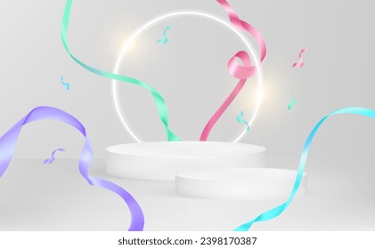 New year party podium product display, mock up and ribbons, circle ring in the middle on solid color background, Vector in 3D illustrations.