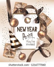 New year party poster with beige deco elements. Vector illustration