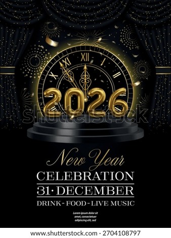 new year party poster with black curtain with gold glitters and gold 2026 numbers on a black podium. 2026 celebration flyer with gold clock, confetti and fireworks