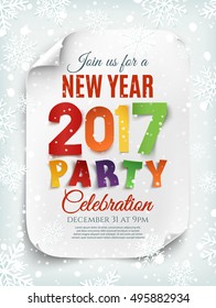 New Year party poster, brochure or invitation template with snow and snowflakes. Winter background. White, curved, paper banner.  Vector illustration.