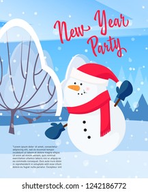 New Year Party poster design. Cartoon snowman pointing at sample text, snowy trees and snowfall in background. Template can be used for flyers, banners, greeting cards