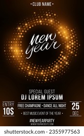 New year party poster design. Festive flyer of futuristic circles with glowing dots. Invitation from a nightclub to a music event. Vector illustration. EPS 10.