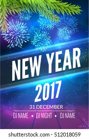 New Year party poster design with fireworks light. New year disco flyer template. Celebration invitation card banner.
