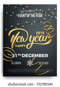 New Year party poster design. Background of New Year lettering, christmas lights and curly gold gift ribbons New Year 2018 realistic background