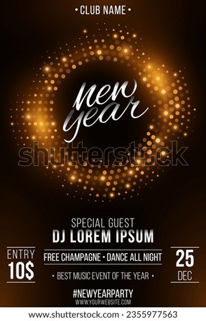 New year party poster design. Festive flyer of futuristic circles with glowing dots. Invitation from a nightclub to a music event. Vector illustration. EPS 10.
