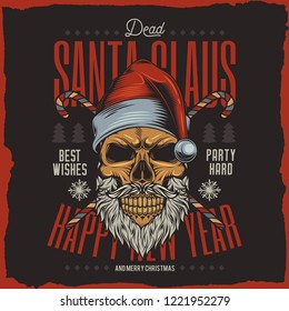 New year party poster. Skull Santa Claus vintage style. Vector illustration.