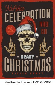New year party poster. Skull Santa Claus vintage style. Vector illustration.