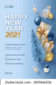 Neues Jahr-Party-Poster-Vorlage mit blauen und goldenen Dekorationen
